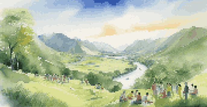 A peaceful valley scene with people discussing investment strategies, surrounded by mountains and a river under a blue sky.