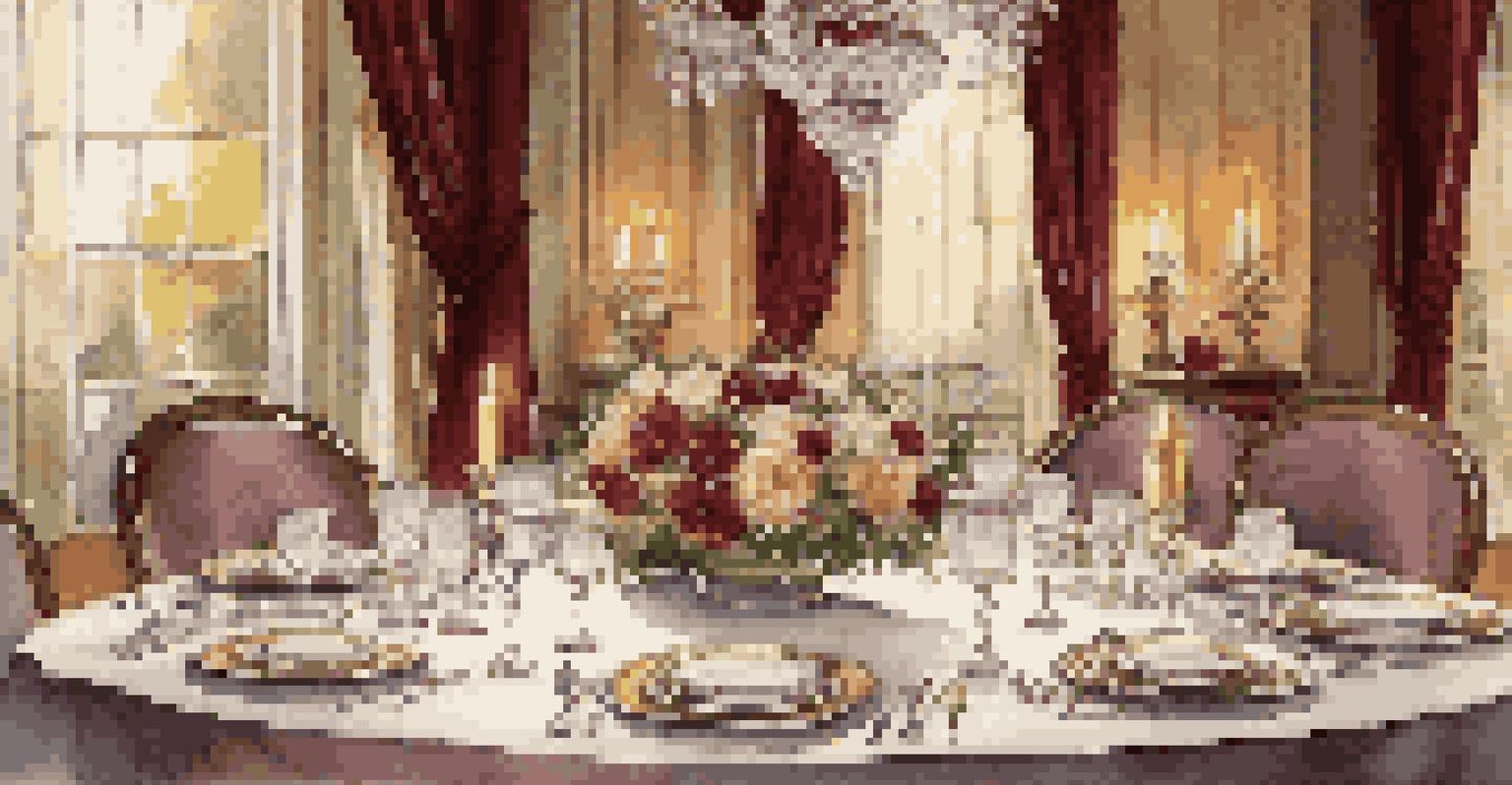 A beautifully set dining table for a formal dinner, featuring fine china, crystal glasses, and candlelight.