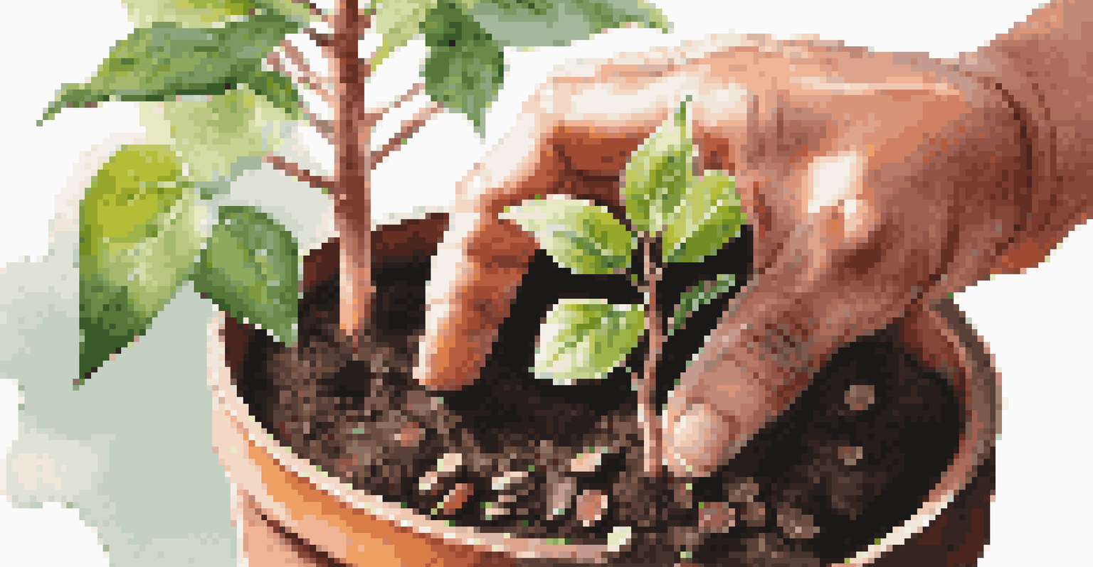 A hand planting a small sapling in a pot with scattered coins, symbolizing financial growth.