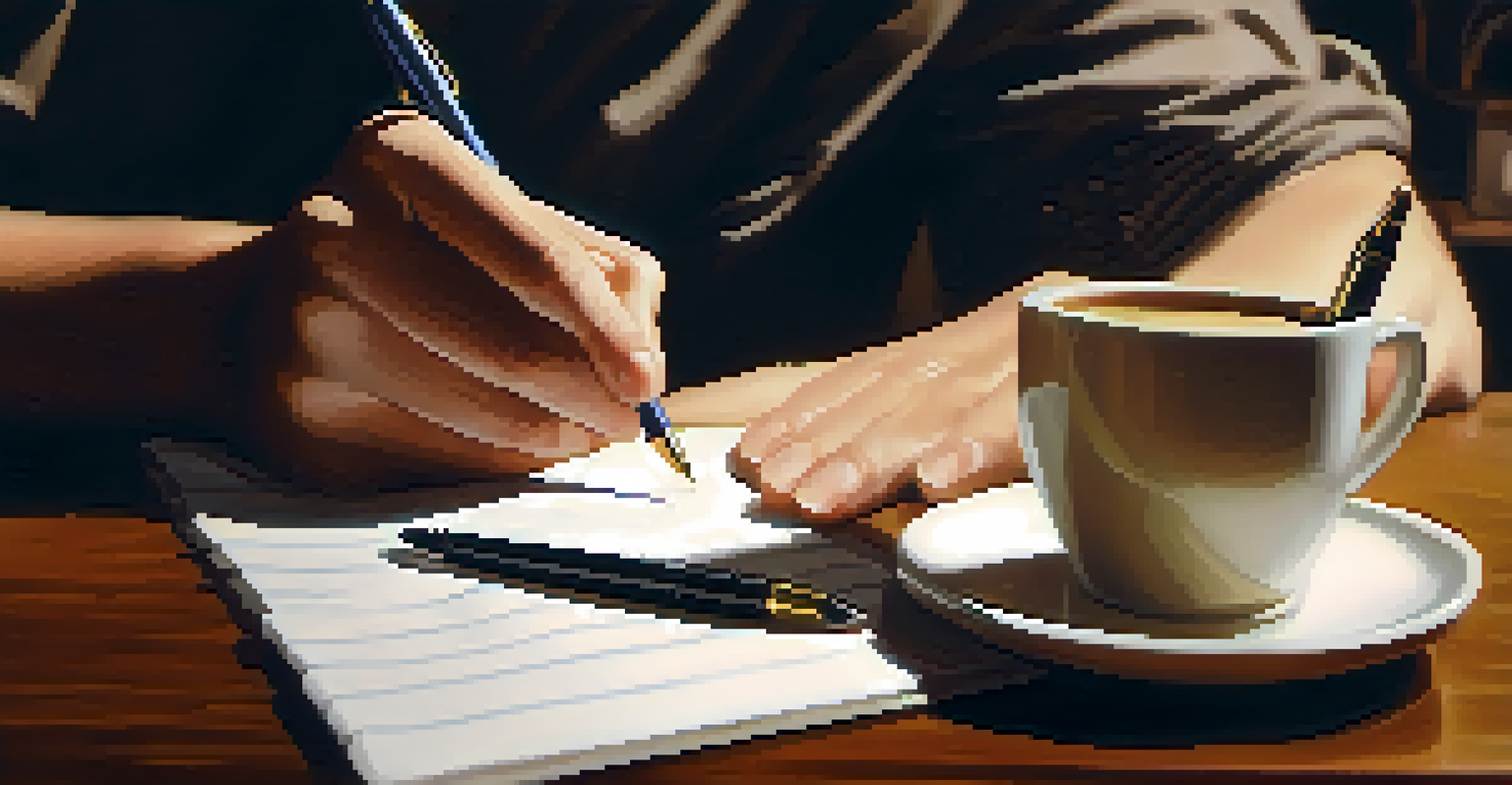 Close-up of hands writing notes with a pen on a notepad next to a coffee cup in an inviting office setting.