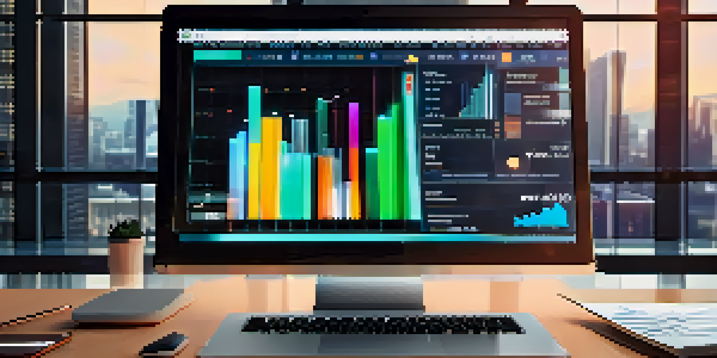 A laptop displaying a stock trading platform with colorful graphs and stock prices, set in a modern office with natural light.