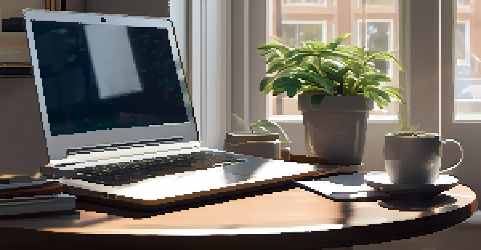 A stylish workspace with a laptop, notepad, coffee cup, and a potted plant, illuminated by natural light.