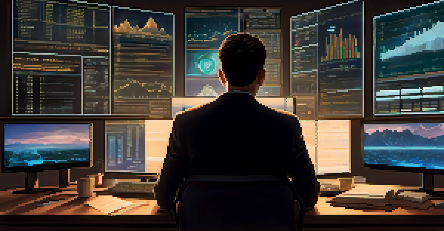 A calm investor analyzing cryptocurrency data in a serene environment, surrounded by books and notes.