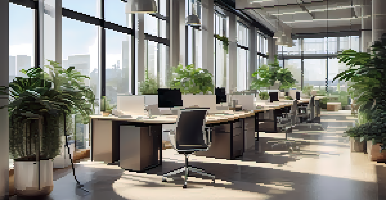 A modern office with large windows, a stylish desk, and plants, creating a bright and inviting workspace.