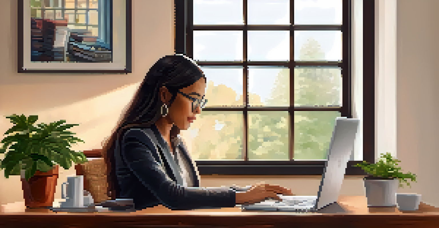 A person updating their LinkedIn profile in a cozy home office, with a laptop, coffee cup, and potted plant, highlighting personal branding.