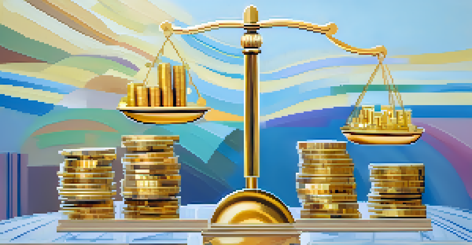 A balanced scale depicting stocks and bonds, with abstract market fluctuations in the background.