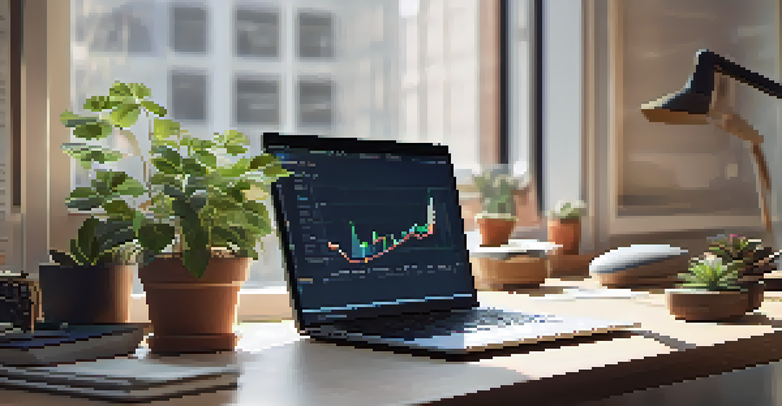 A calm desk setup with a laptop showing financial charts, a notebook, and a plant, representing a thoughtful investment approach.