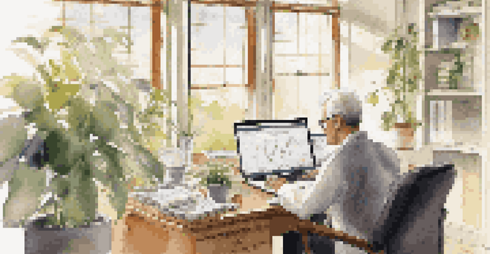 A professional person in an office looking at retirement account options on a laptop with financial documents around.