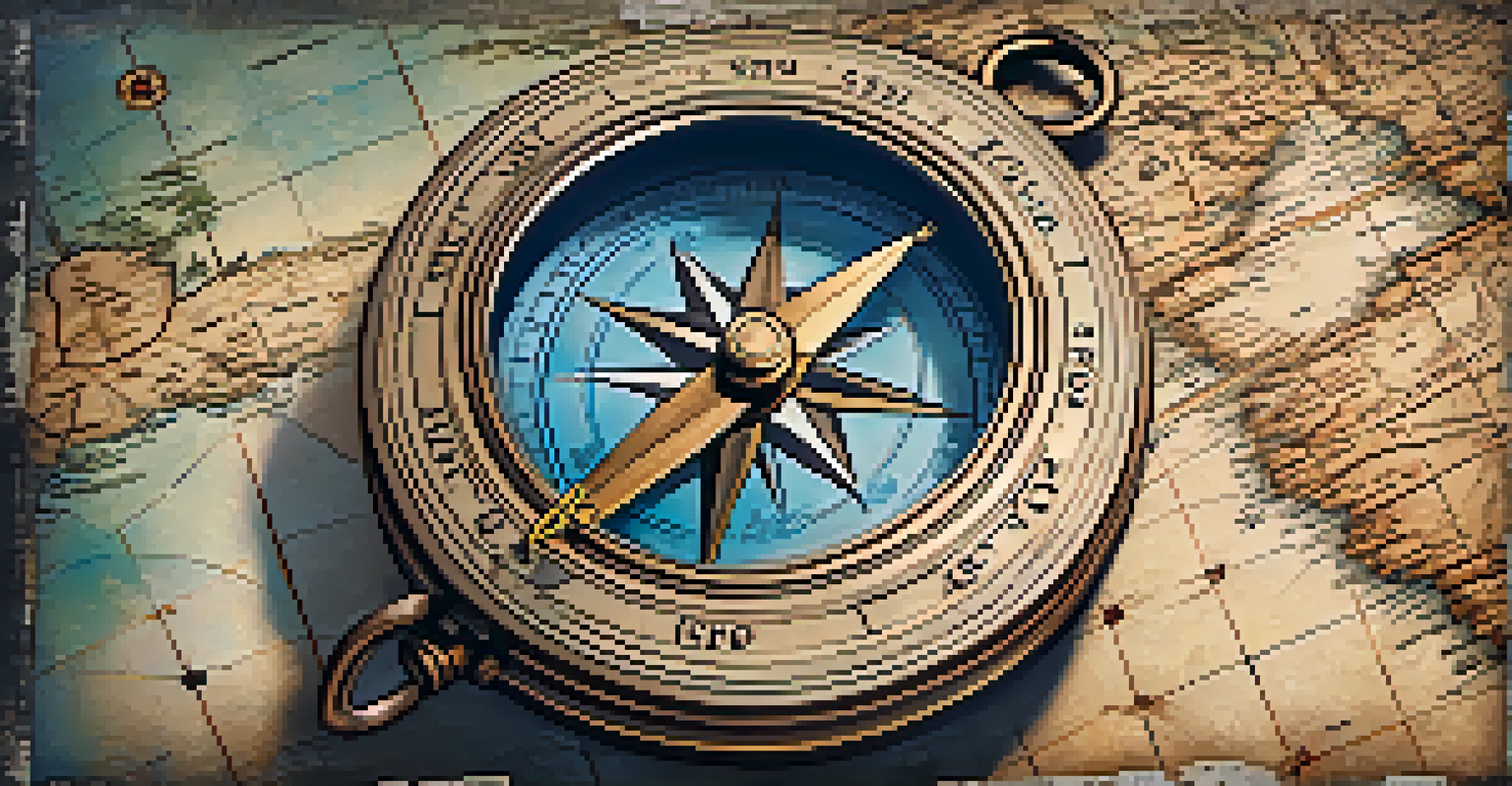 A detailed vintage compass on an ancient map, showcasing textures and warm colors.