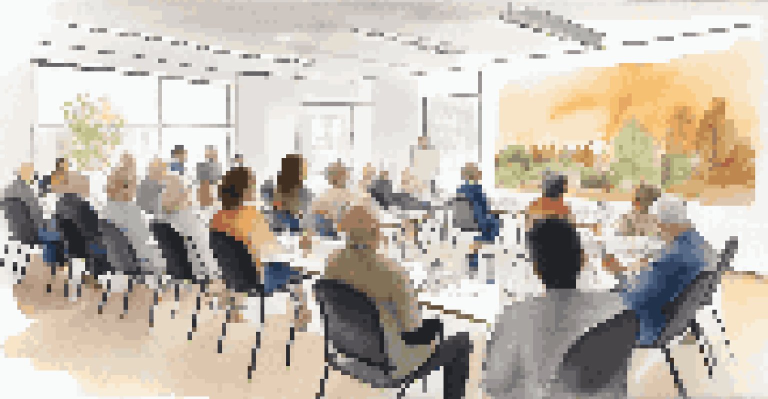 A diverse group of people attending a workshop on pension plans, actively listening to a speaker and taking notes.