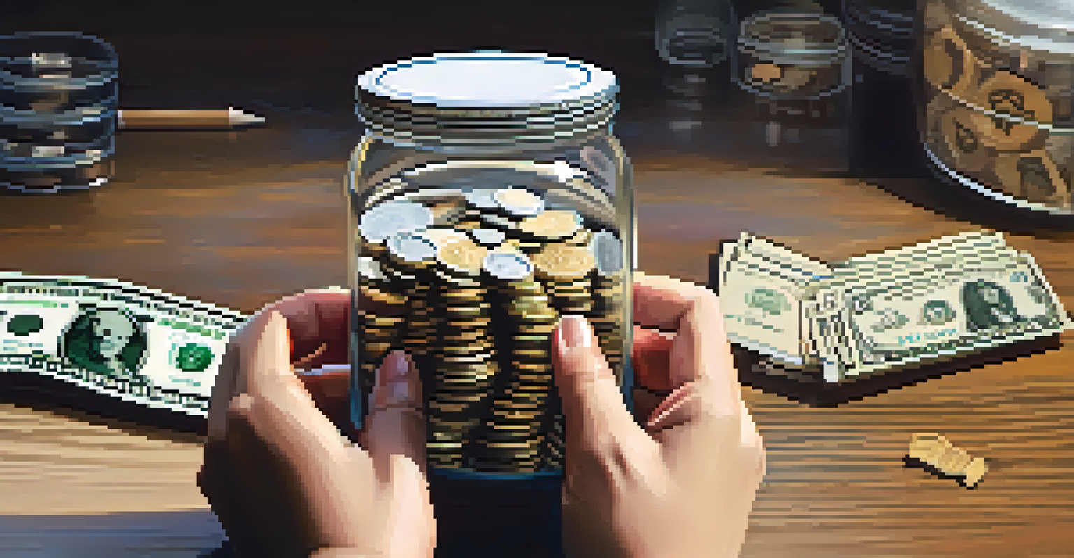 Close-up of hands adding coins to a jar labeled 'Emergency Fund', with dollar bills and a notepad nearby.