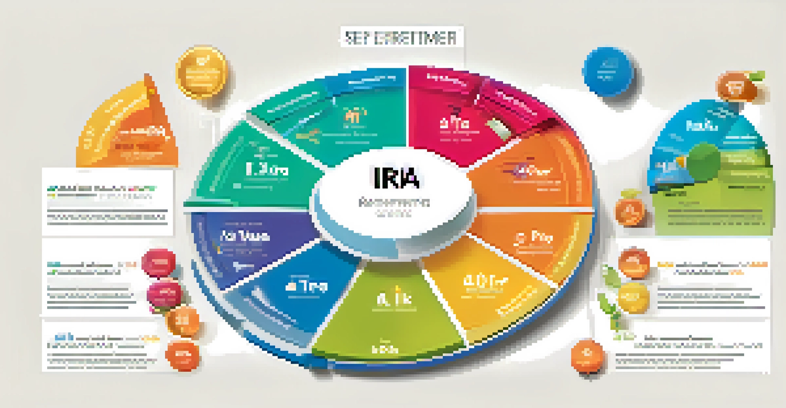 A colorful pie chart comparing different types of retirement accounts, with segments labeled Traditional IRA, Roth IRA, 401(k), SEP IRA, and SIMPLE IRA.