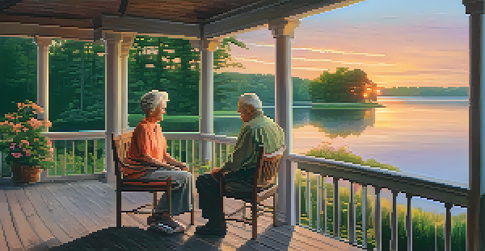An elderly couple sitting on a porch by a tranquil lake at sunset, holding hands and smiling at each other.