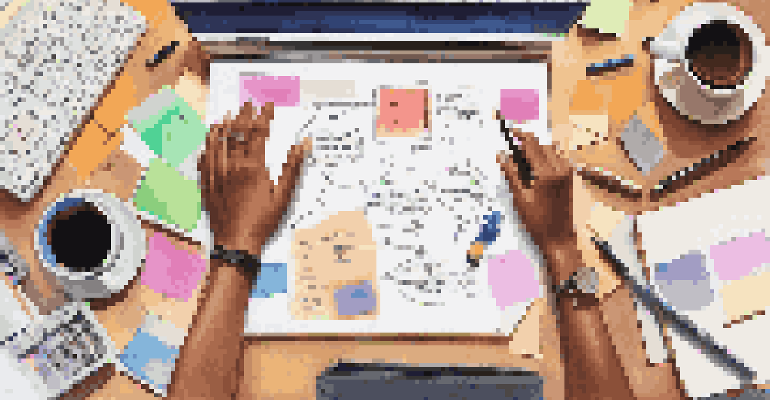 An overhead view of a person writing a financial plan with colorful pens and a calculator on a desk.
