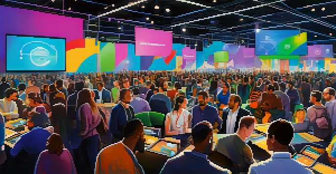 A vibrant technology conference with diverse people discussing innovations surrounded by tech product displays and colorful banners.