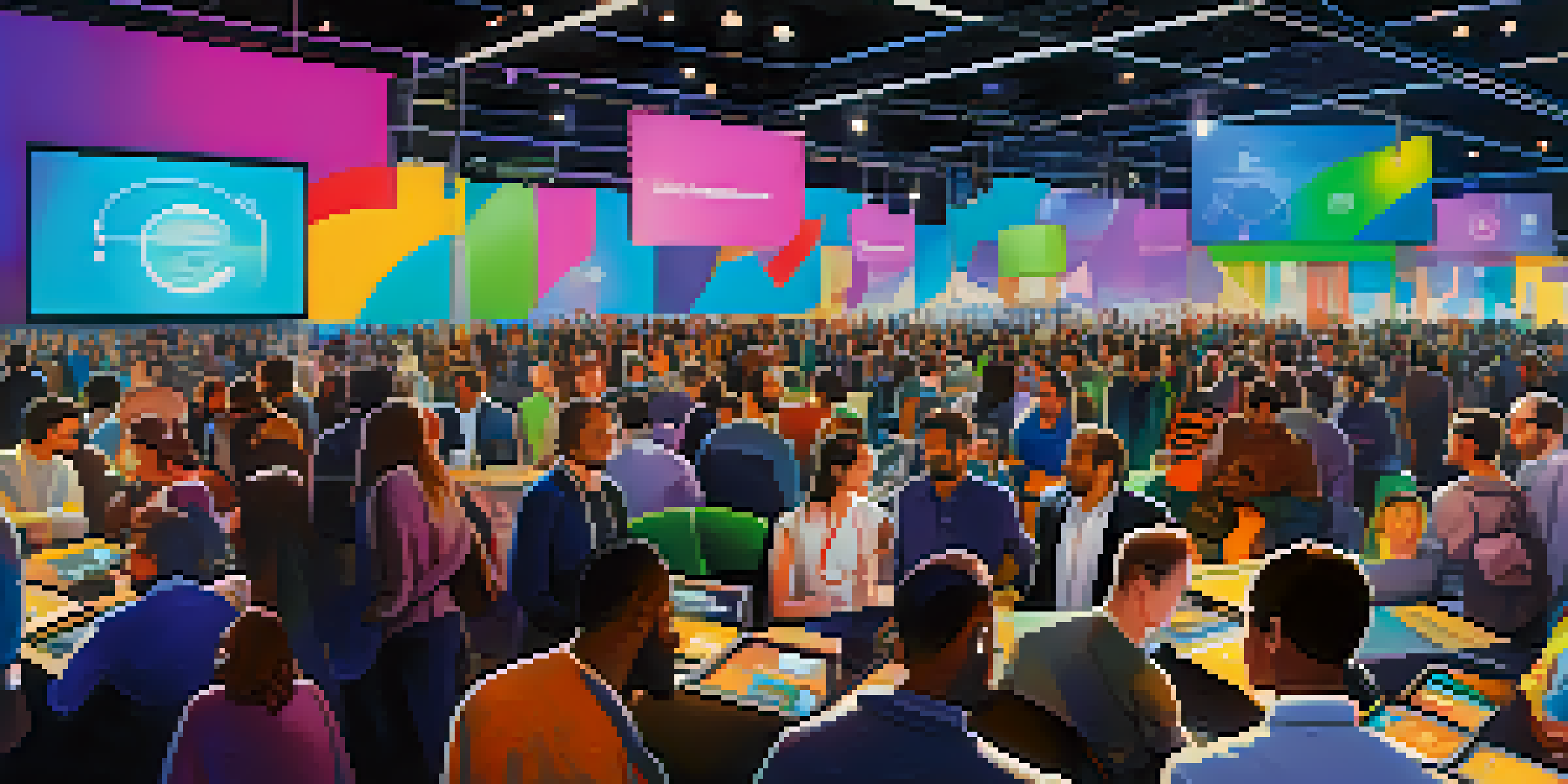 A vibrant technology conference with diverse people discussing innovations surrounded by tech product displays and colorful banners.