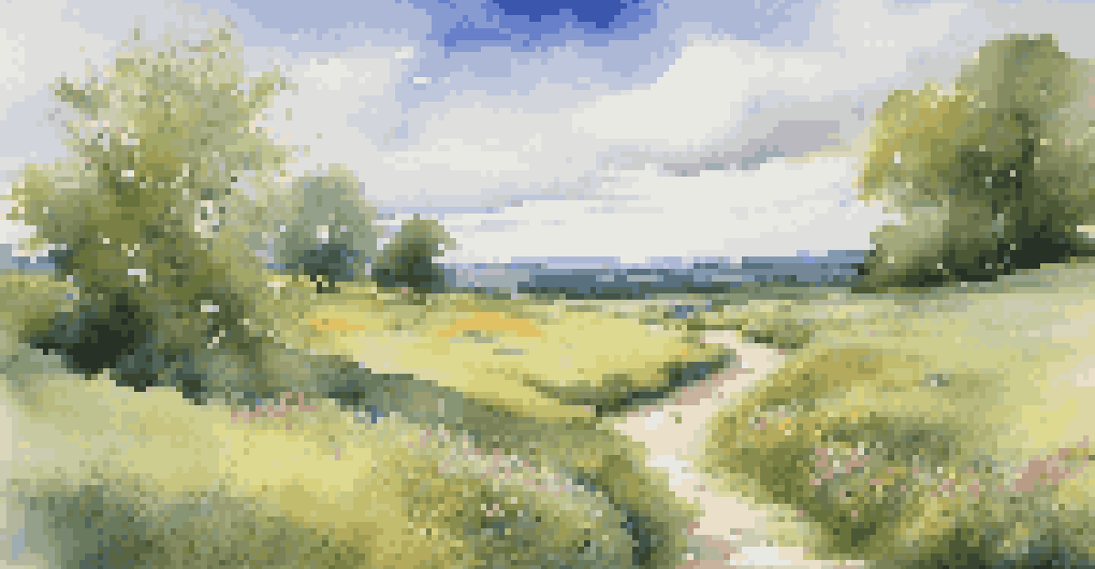 A peaceful green meadow with a winding path and colorful wildflowers under a blue sky with clouds.