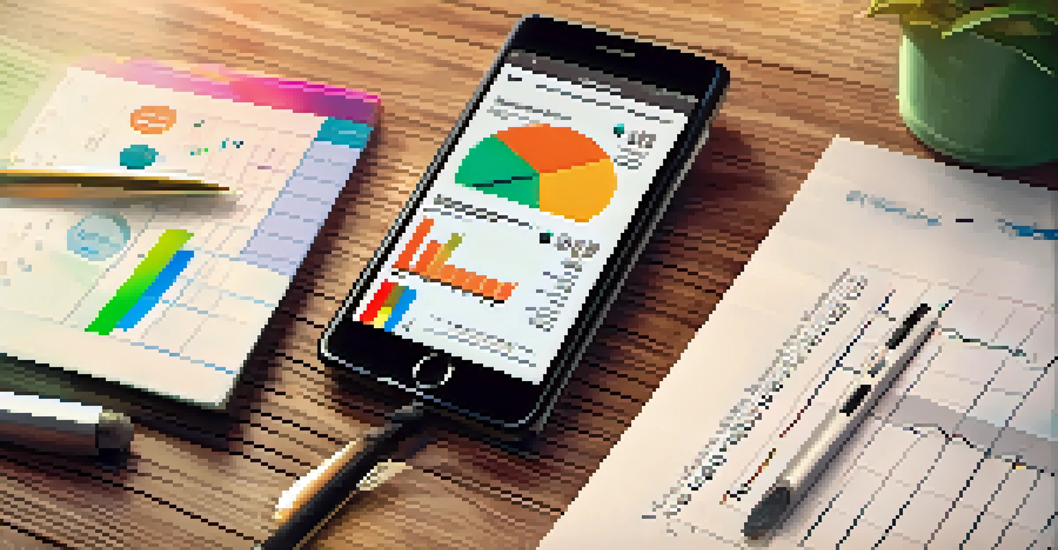 A smartphone showing a budgeting app next to a notepad with handwritten financial goals on a wooden table.