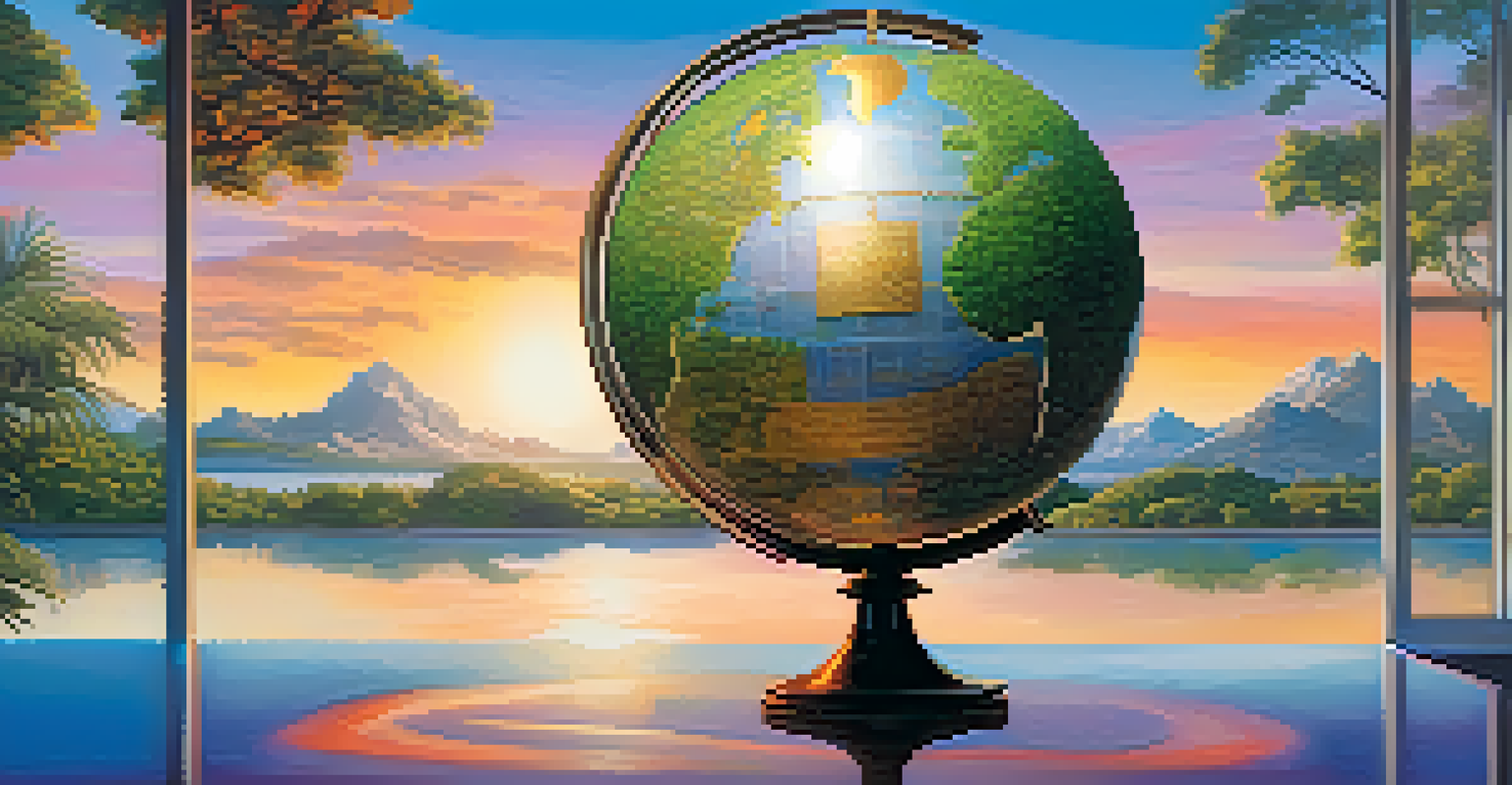 A globe surrounded by financial market symbols set against a colorful sunset sky, representing international investments.
