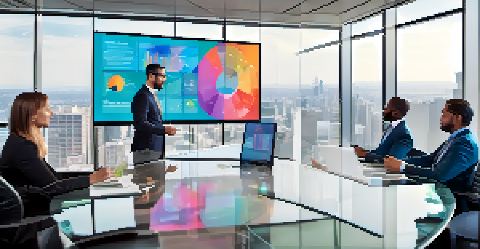 A group of investors in a modern conference room discussing data on a large touchscreen display.