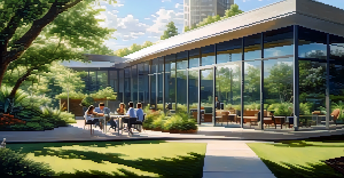 A modern office building with people working together outside in a green setting under a blue sky.