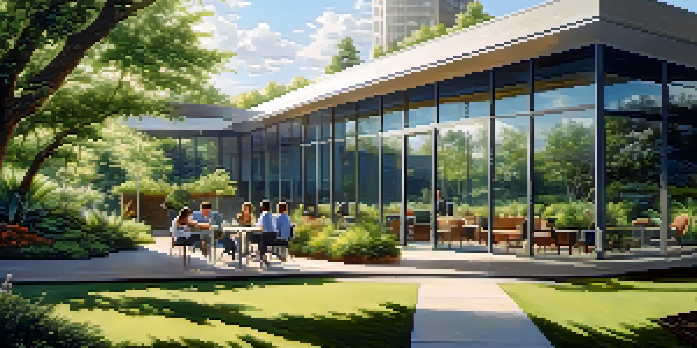 A modern office building with people working together outside in a green setting under a blue sky.