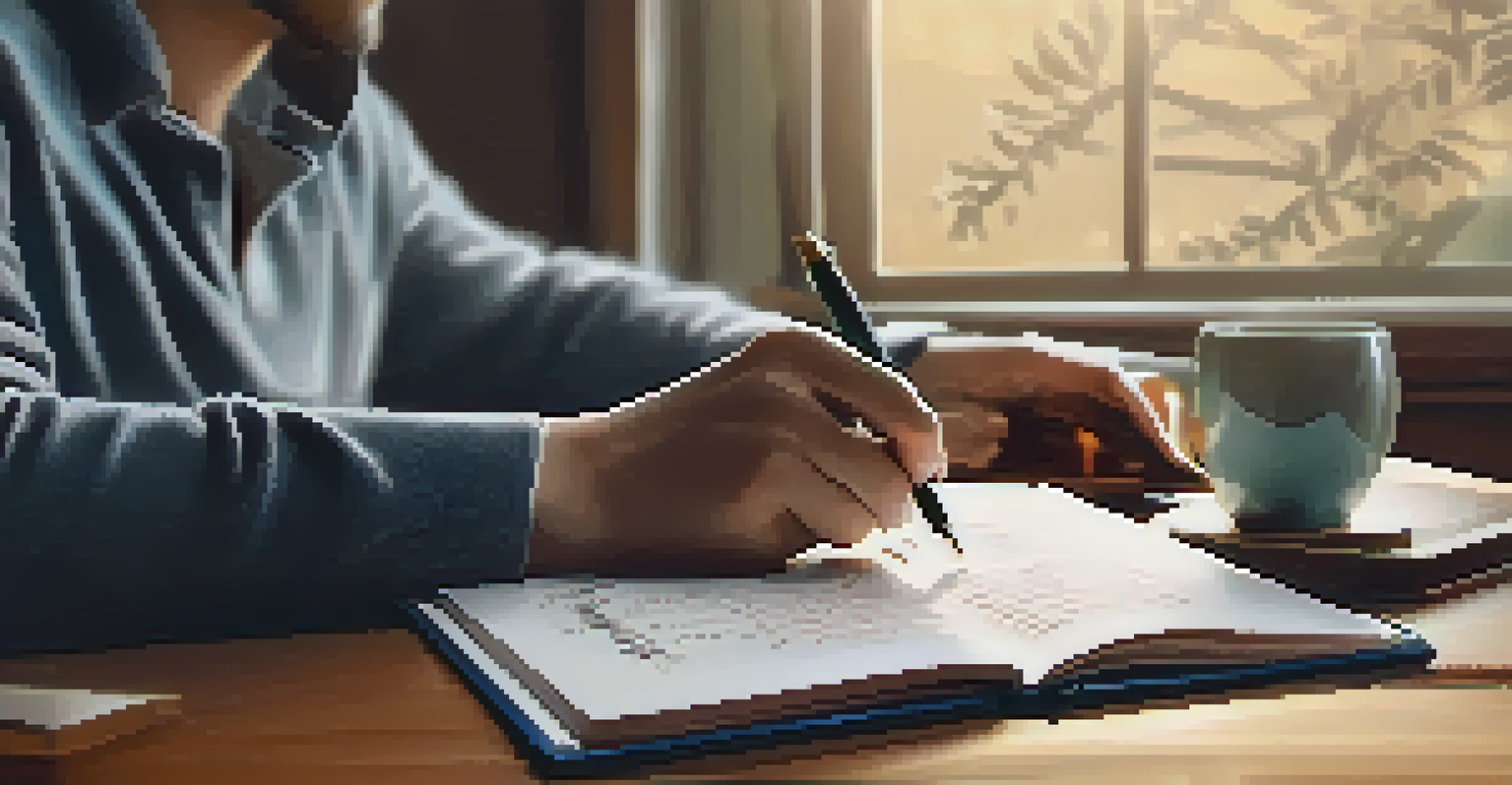 A close-up of a person writing financial goals in a notebook, surrounded by documents and a laptop in a cozy setting.