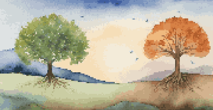 A visual representation of the business lifecycle stages, including a seedling, small tree, flourishing tree, mature tree, and a tree losing leaves against a gradient sky.