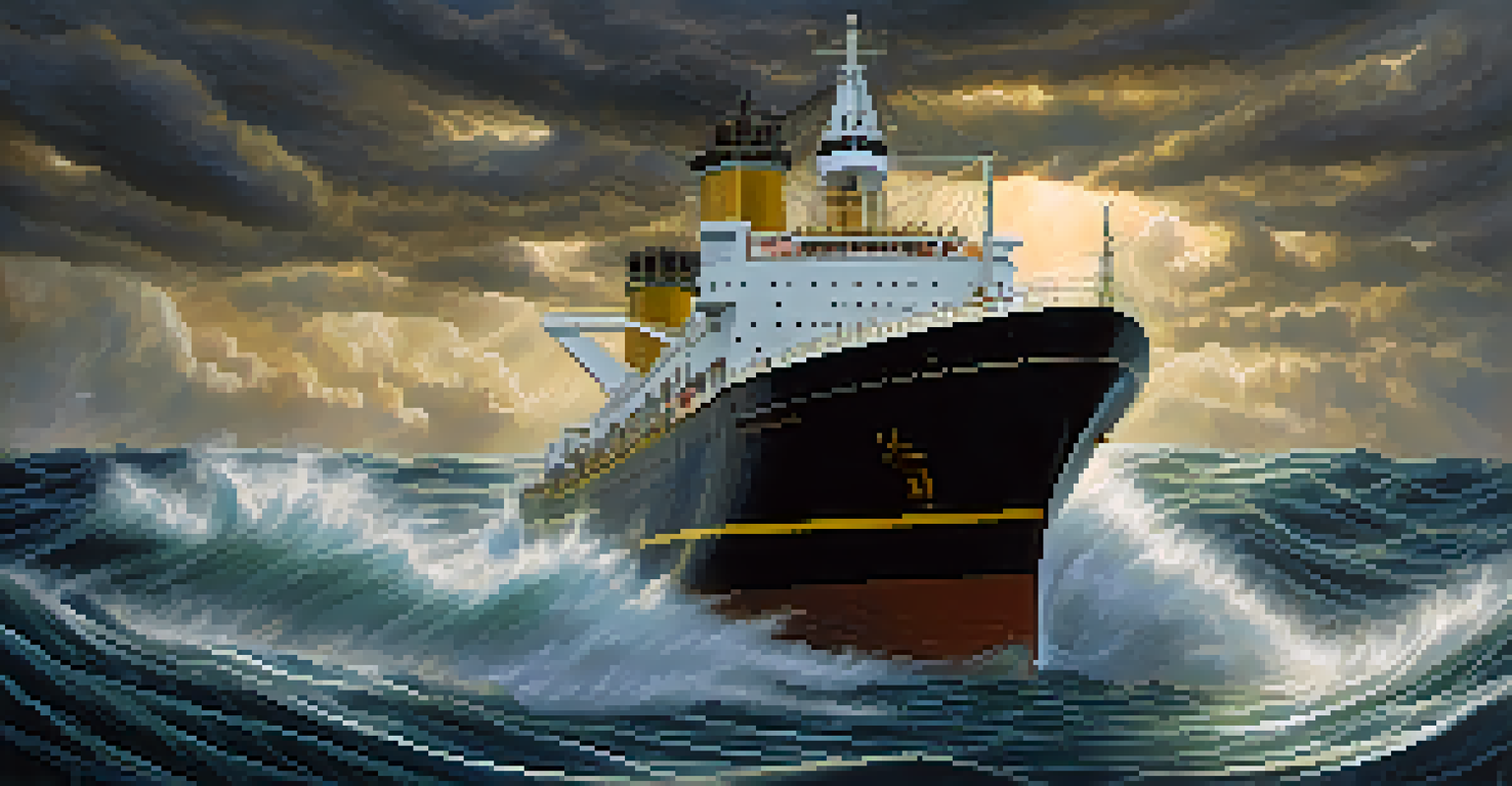 A sturdy ship navigating turbulent waters with a diverse crew, symbolizing risk management and ethics in finance.