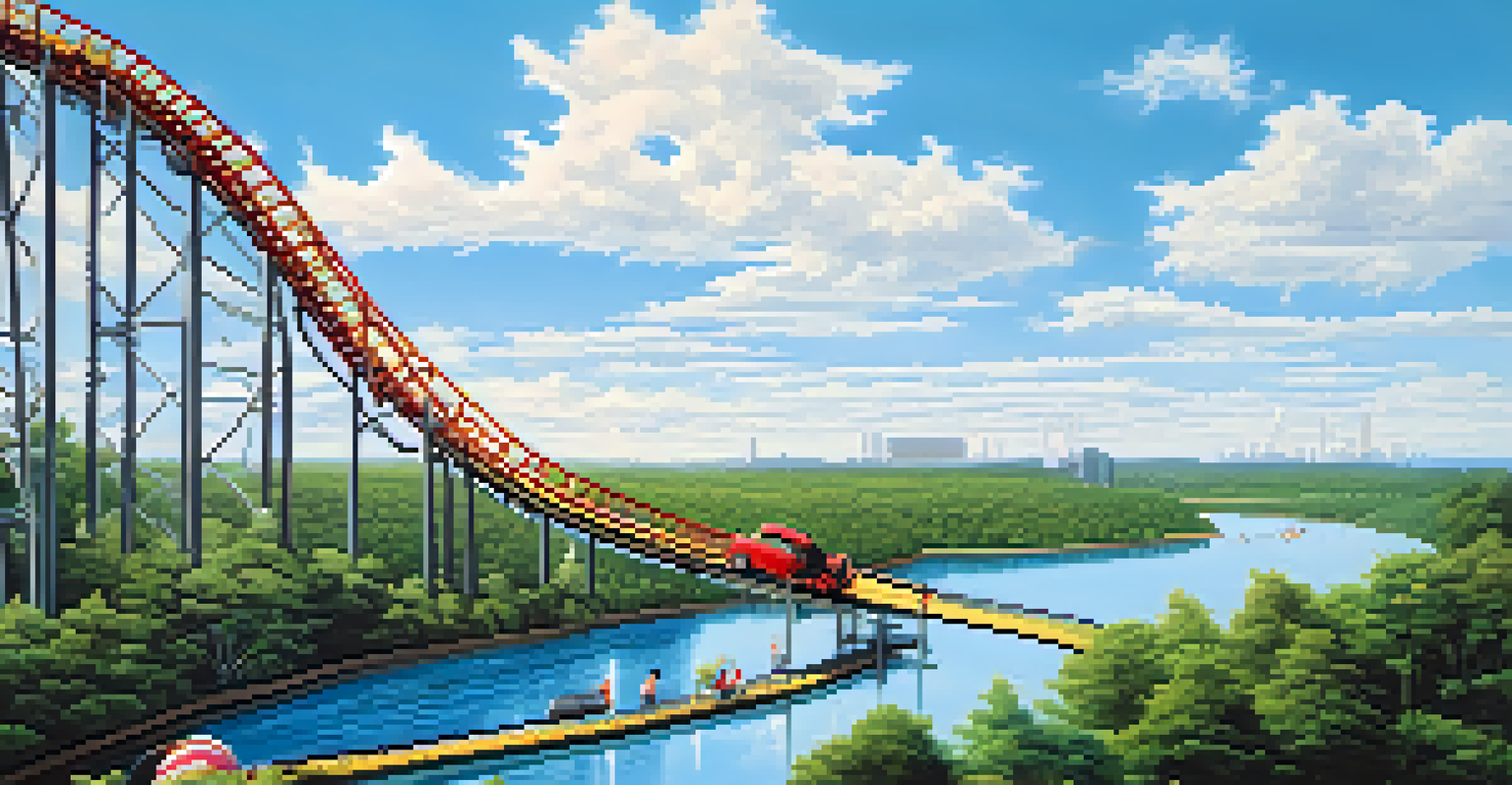 An artistic illustration showing a roller coaster for stocks and a calm river for bonds, representing investment risk and return.