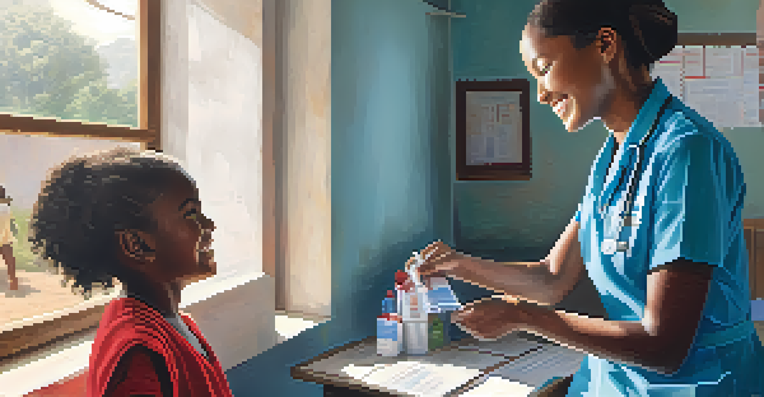 A healthcare worker giving a vaccination to a smiling child in a bright and clean rural clinic.