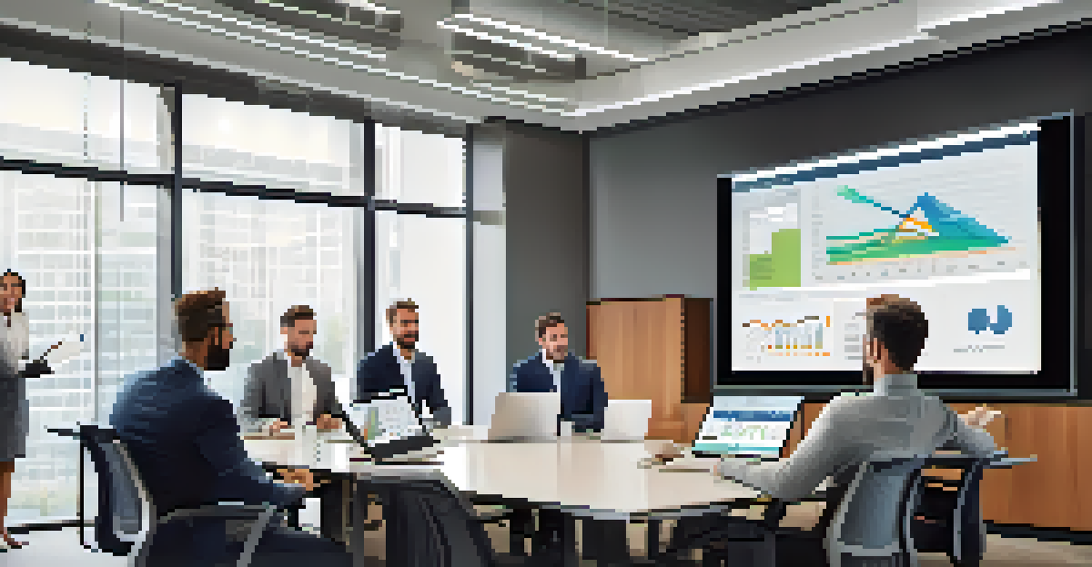 A team of property managers in a meeting, discussing marketing strategies with analytics displayed on a screen.