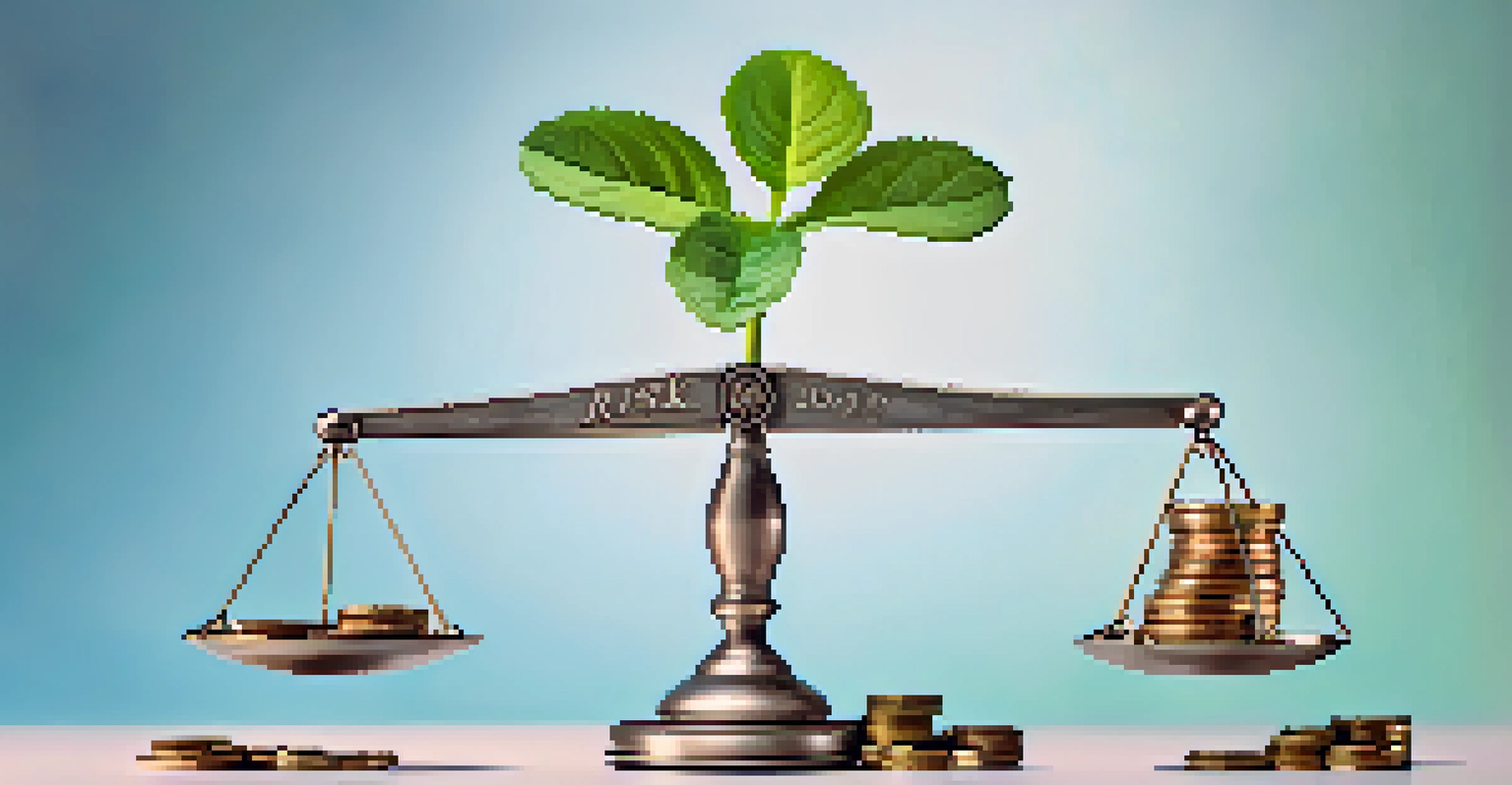 A balanced scale with coins labeled 'Risk' on one side and a blooming plant labeled 'Growth' on the other, symbolizing investment balance.