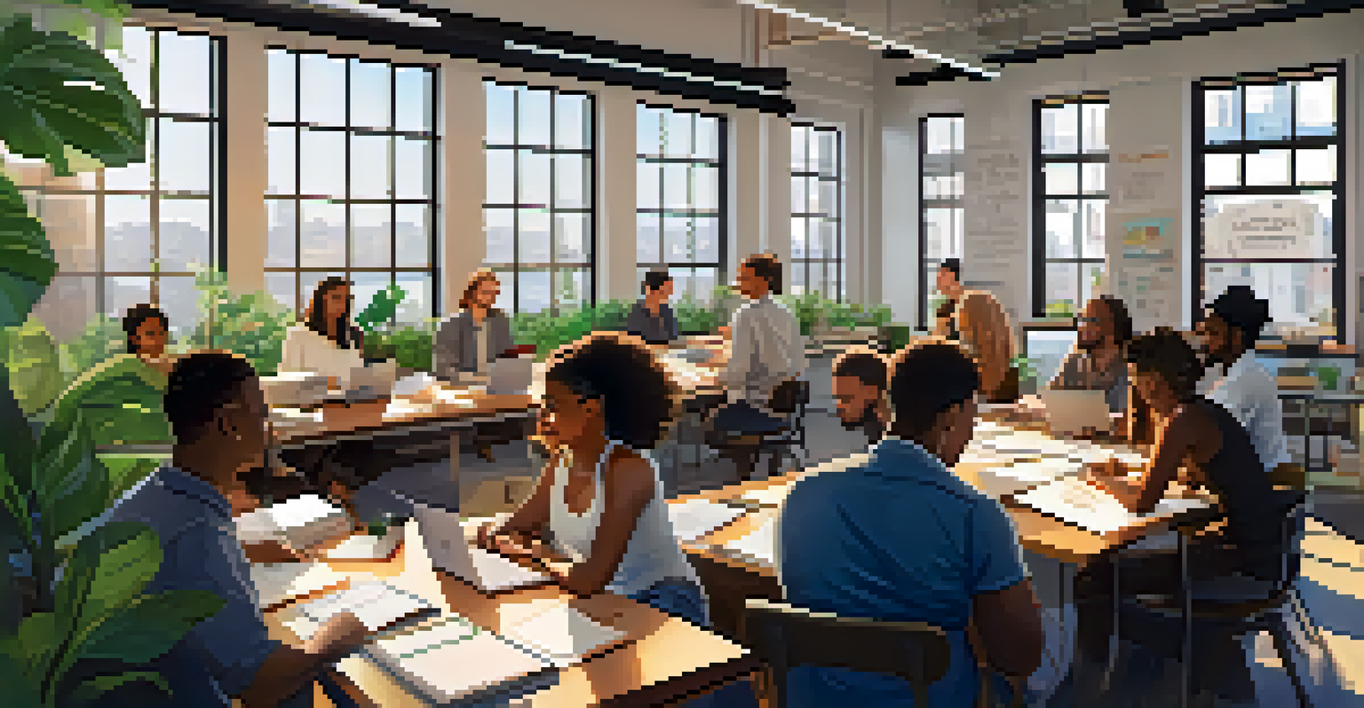 A diverse group of people collaborating in a bright workspace, surrounded by books and laptops, engaged in learning.