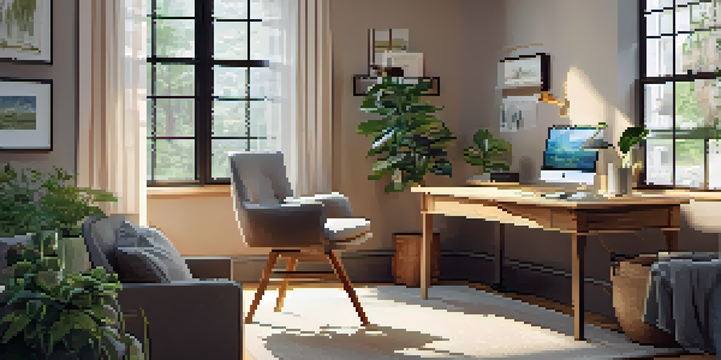 A home office with a desk, laptop, and plants, illuminated by natural light.