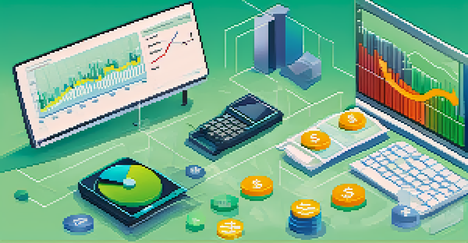 An infographic illustrating margin trading with a calculator, coins, and arrows representing profits and losses, set against a blue and green gradient background.