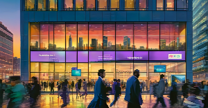 A modern city skyline at dusk with a FinTech office building, busy streets, and digital billboards.