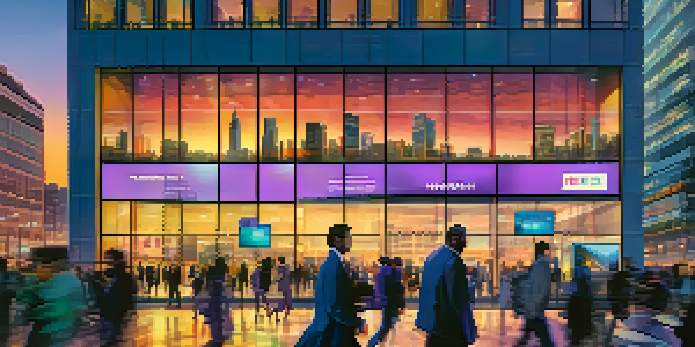 A modern city skyline at dusk with a FinTech office building, busy streets, and digital billboards.