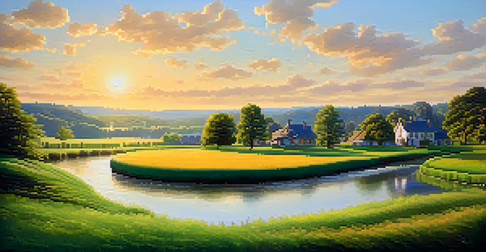 A peaceful landscape showing symbols of various investments, including trees for stocks, rivers for bonds, and houses for real estate under a warm golden sunlight.