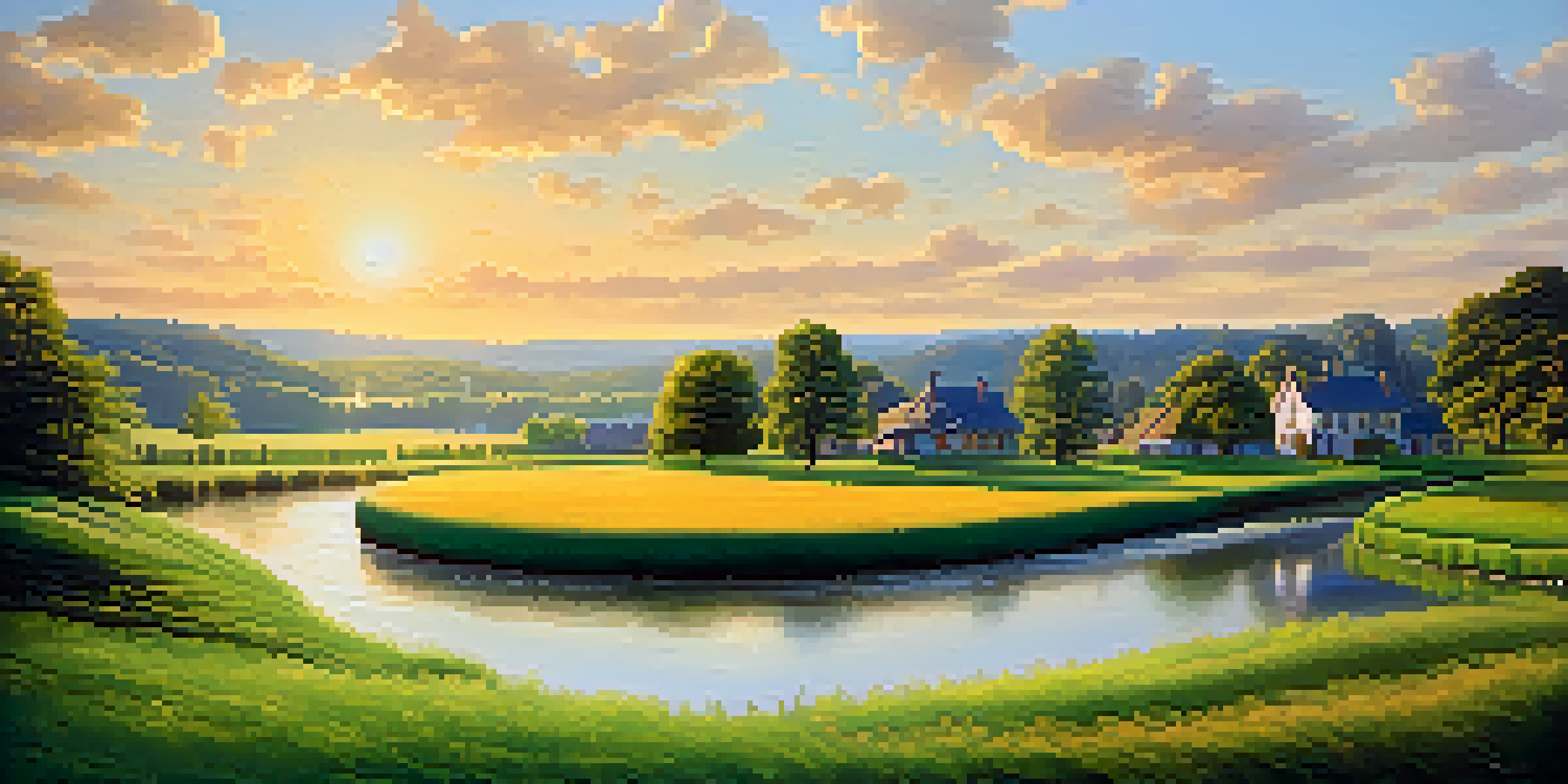 A peaceful landscape showing symbols of various investments, including trees for stocks, rivers for bonds, and houses for real estate under a warm golden sunlight.