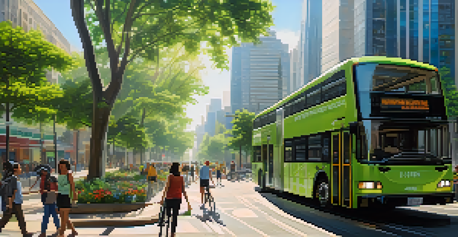 An urban street with electric buses, bicycles, and buildings with green vertical gardens.