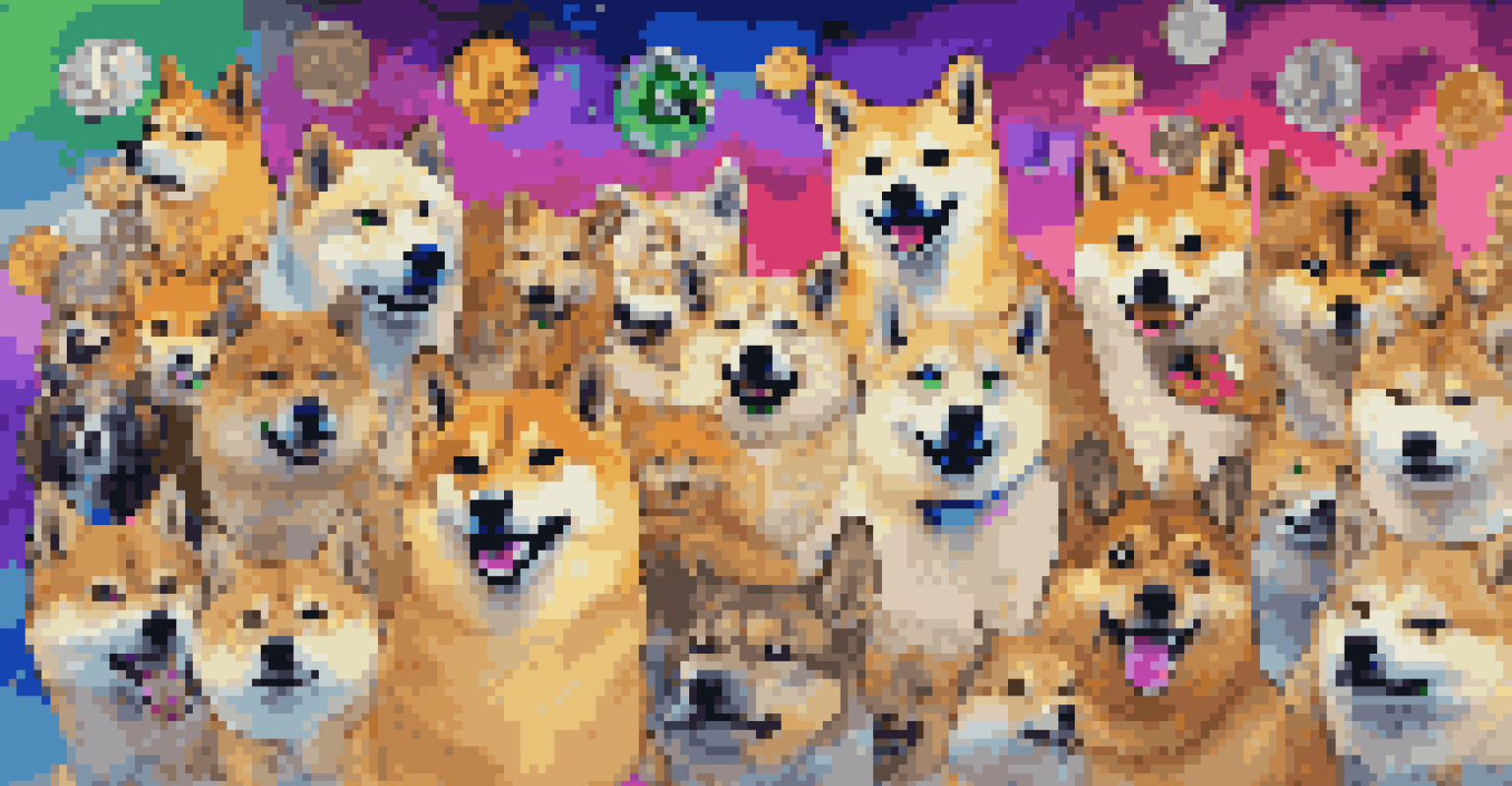 A colorful collage of cryptocurrency memes, showcasing the humorous side of crypto culture.