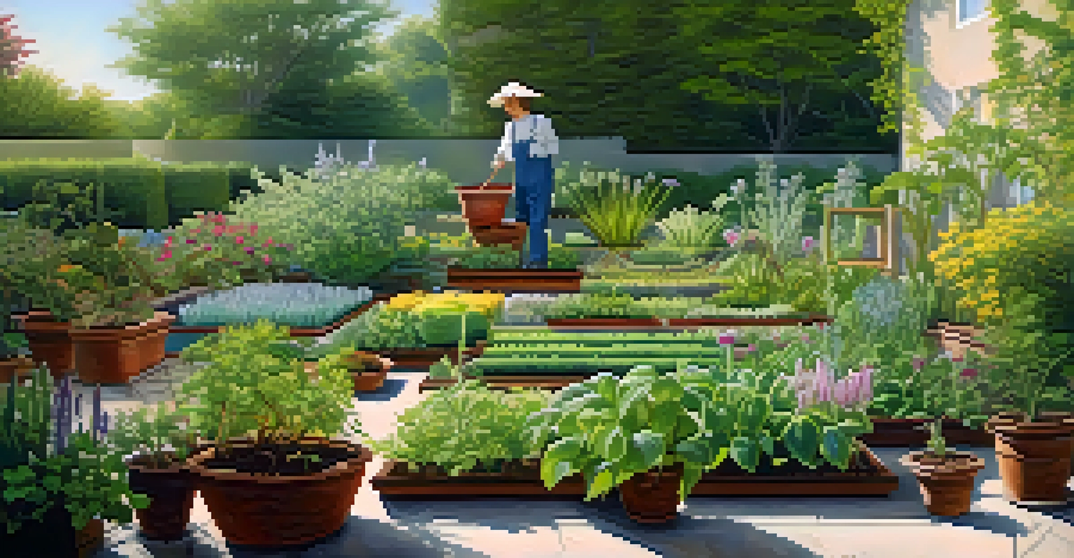 A garden scene with a gardener planting seeds in the foreground and established plants in the background, symbolizing stock investments.