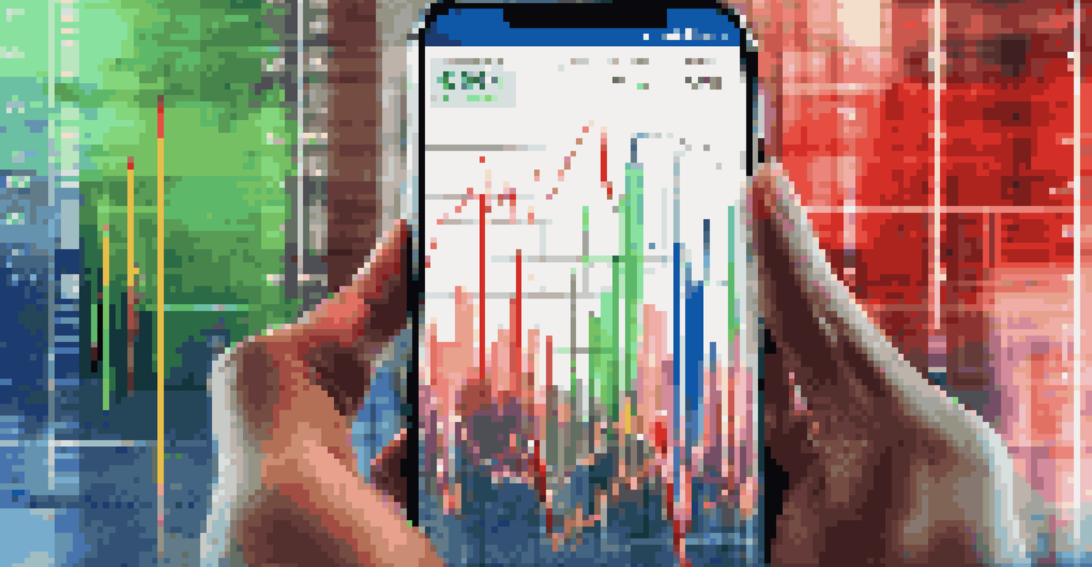 A smartphone displaying a stock market chart with colorful candlesticks against a blurred city background.