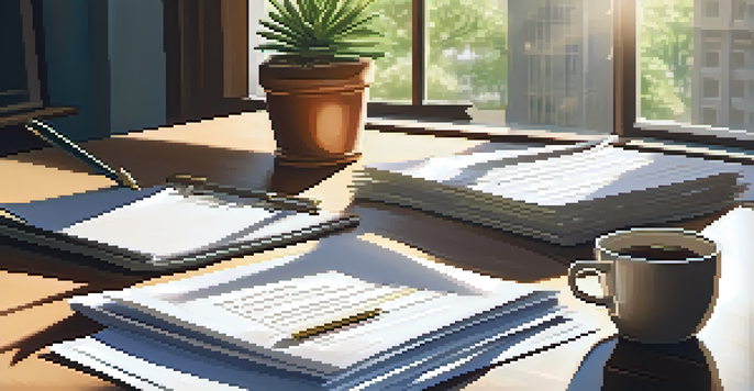 A financial planner's office with a wooden desk, laptop, and natural light streaming through a window.