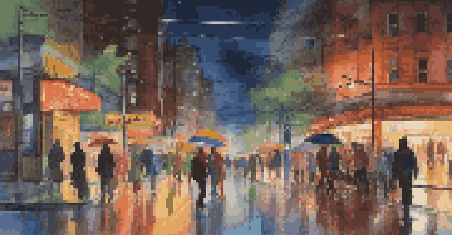 A vibrant city street at night, filled with neon lights, pedestrians, and rainy pavement reflecting colors.