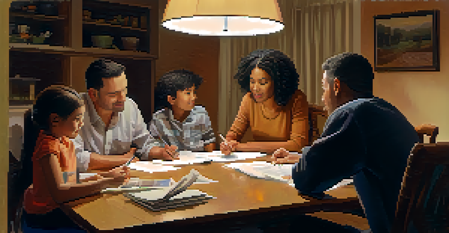 A family gathered around a dining table discussing a budget, with a budget sheet and household items in the background, in a warm and inviting setting.