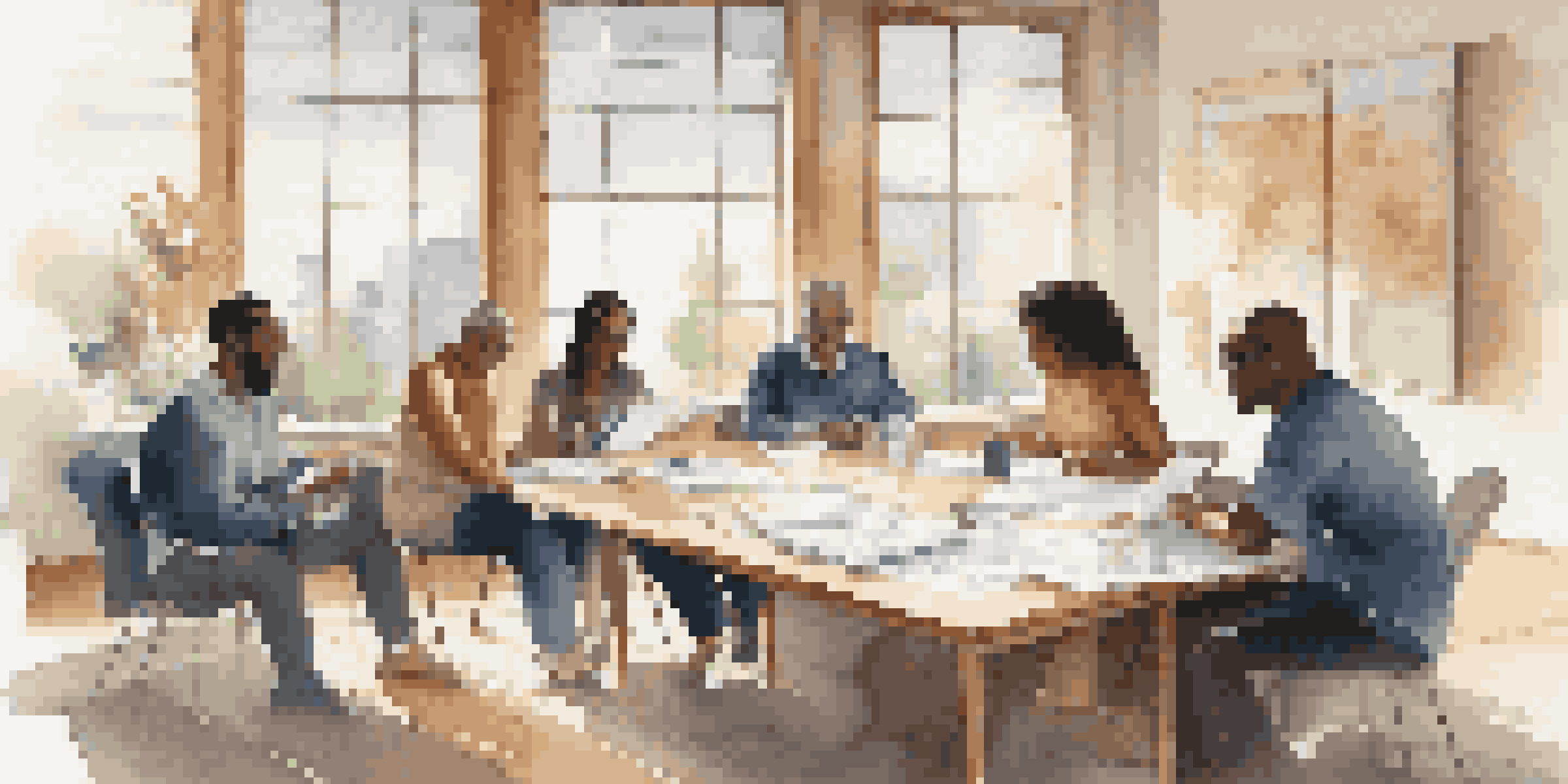 A diverse group of people participating in a financial literacy workshop, discussing and taking notes around a large table in a well-lit room.