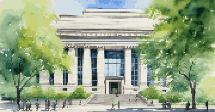 A modern central bank building surrounded by trees and a clear sky, with people in business attire walking nearby.