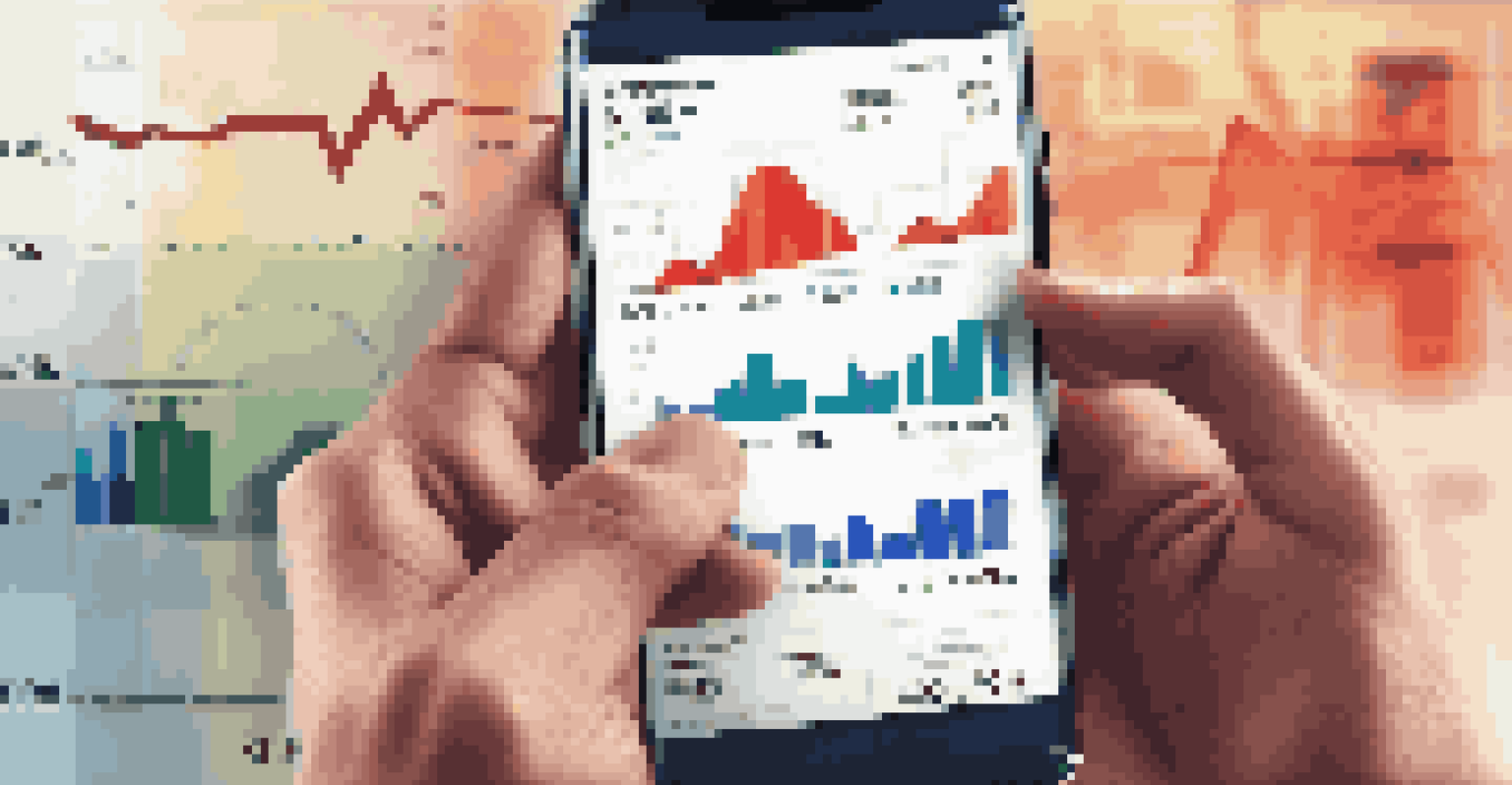 Close-up of hands holding a smartphone showing a stock market app with fluctuating graphs, with a softly blurred background.